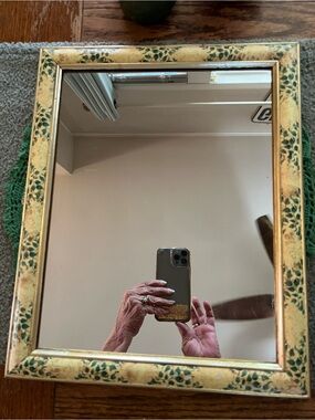 Vintage Gold & Green Floral Wall Mirror Large 16” by 13” gorgeous very well-made